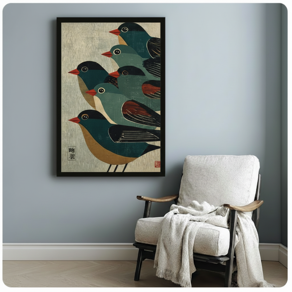 Black framed elegant Japanese woodblock print canvas of five teal dark blue and black birds with red beaks tightly grouped in a staggered overlapping arrangement facing left with rust-brown wing accents and fine feather line details black kanji seal and red stamp on warm cream wood-grain background zen bird flock wall art hung on a soft blue-gray wall beside a white upholstered wood folding lounge chair with a cream knit throw