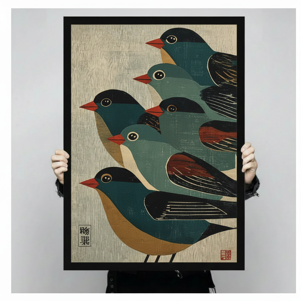 Two hands in black jacket sleeves holding a large black framed Japanese woodblock print style illustration of five teal and black birds with red beaks and round eyes clustered in a layered diagonal group all facing left with rust wing details and kanji and red seal stamps on warm cream textured background elegant bird flock canvas art print, front-facing vertical product size display