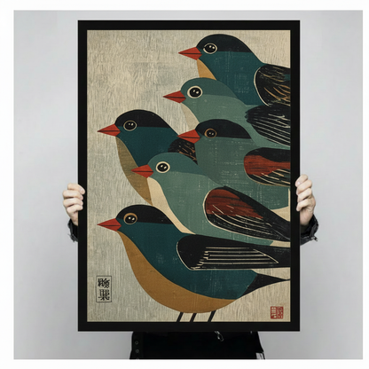Two hands in black jacket sleeves holding a large black framed Japanese woodblock print style illustration of five teal and black birds with red beaks and round eyes clustered in a layered diagonal group all facing left with rust wing details and kanji and red seal stamps on warm cream textured background elegant bird flock canvas art print, front-facing vertical product size display
