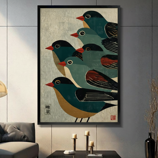 Black framed Japanese woodblock print style illustration of five teal and black birds with red beaks and round black eyes clustered closely together in a staggered overlapping formation all facing left with rust-red wing accents on a warm cream wood-grain textured background with black kanji stamp lower left and red seal lower right elegant bird flock canvas wall art displayed in a modern dark gray tile paneled living room with charcoal sofa black coffee table metal candlesticks and a slim black vase