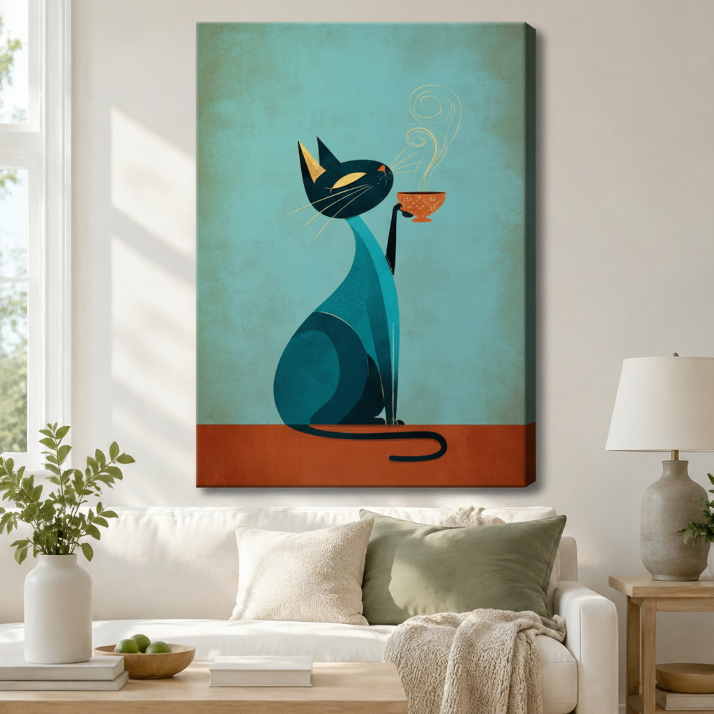 Gallery wrap canvas of mid-century modern teal cat with coffee cup hanging above white sofa in cozy living room decor