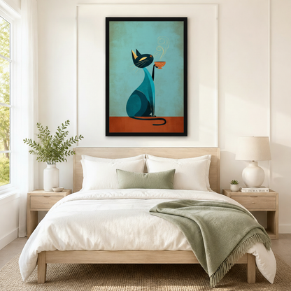 Mid-century modern teal cat coffee wall art in black frame hanging above neutral linen bed in minimalist American bedroom