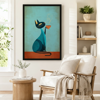 Black framed teal cat coffee art print on wall beside wooden accent chair and round side table in Scandinavian style reading nook