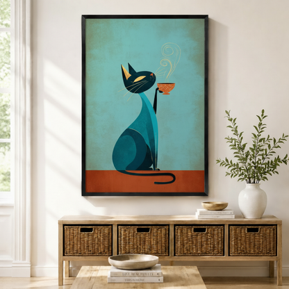 Framed teal cat holding steaming coffee cup wall art displayed above wicker basket console table in bright American entryway