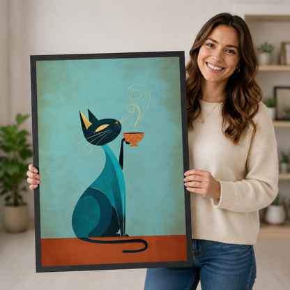 Smiling woman holding black framed teal cat with steaming coffee cup art print in bright home interior lifestyle photo