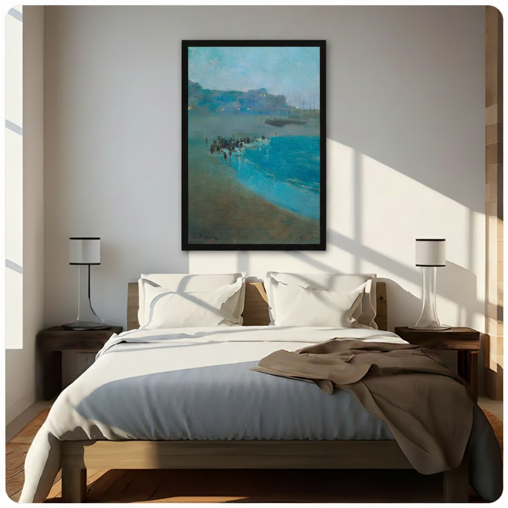Impressionist teal coastal night scene framed wall art print centered above bed in bright Scandinavian-style bedroom
