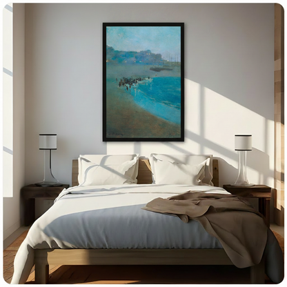 Impressionist teal coastal night scene framed wall art print centered above bed in bright Scandinavian-style bedroom
