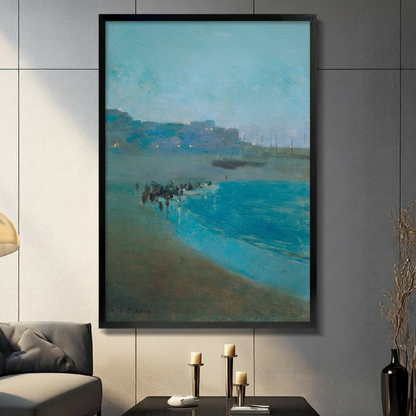 Teal coastal nocturne impressionist oil painting in black frame mounted on modern living room wall above console table