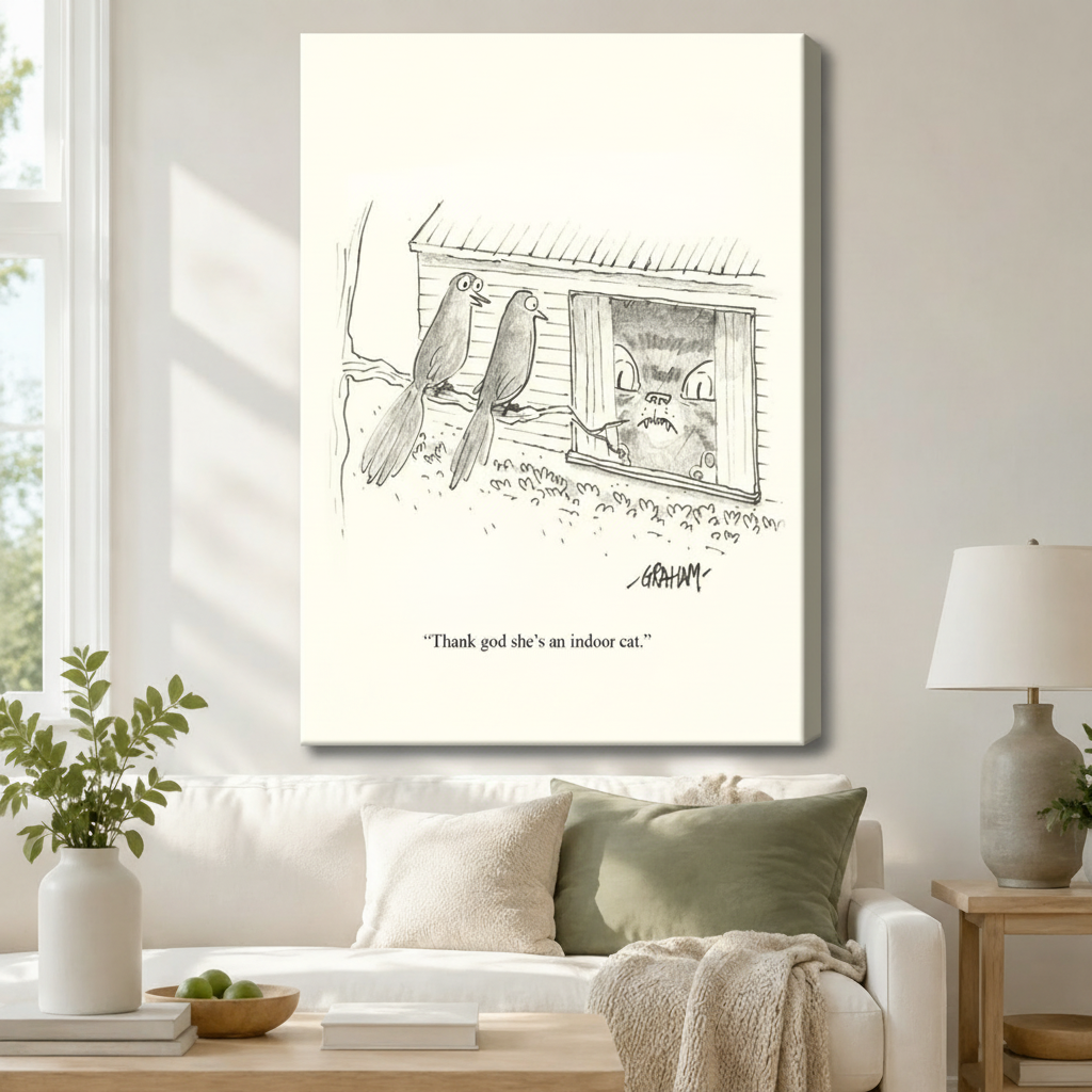 Gallery wrapped canvas of humorous bird watching indoor cat pencil sketch cartoon displayed above white sofa in bright minimalist living room
