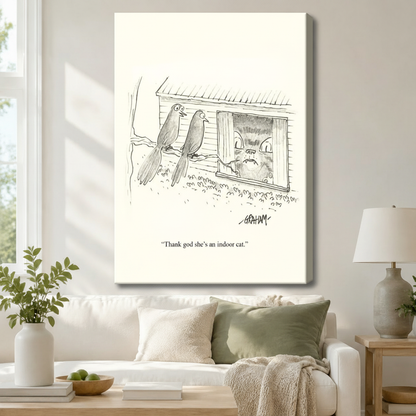 Gallery wrapped canvas of humorous bird watching indoor cat pencil sketch cartoon displayed above white sofa in bright minimalist living room