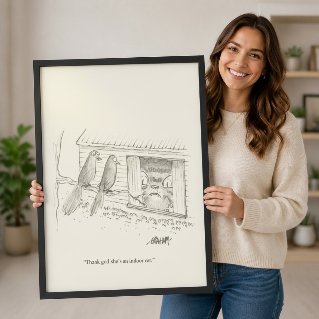 Smiling woman holding large black framed thank god she's an indoor cat bird cartoon pencil sketch print showing artwork size and scale