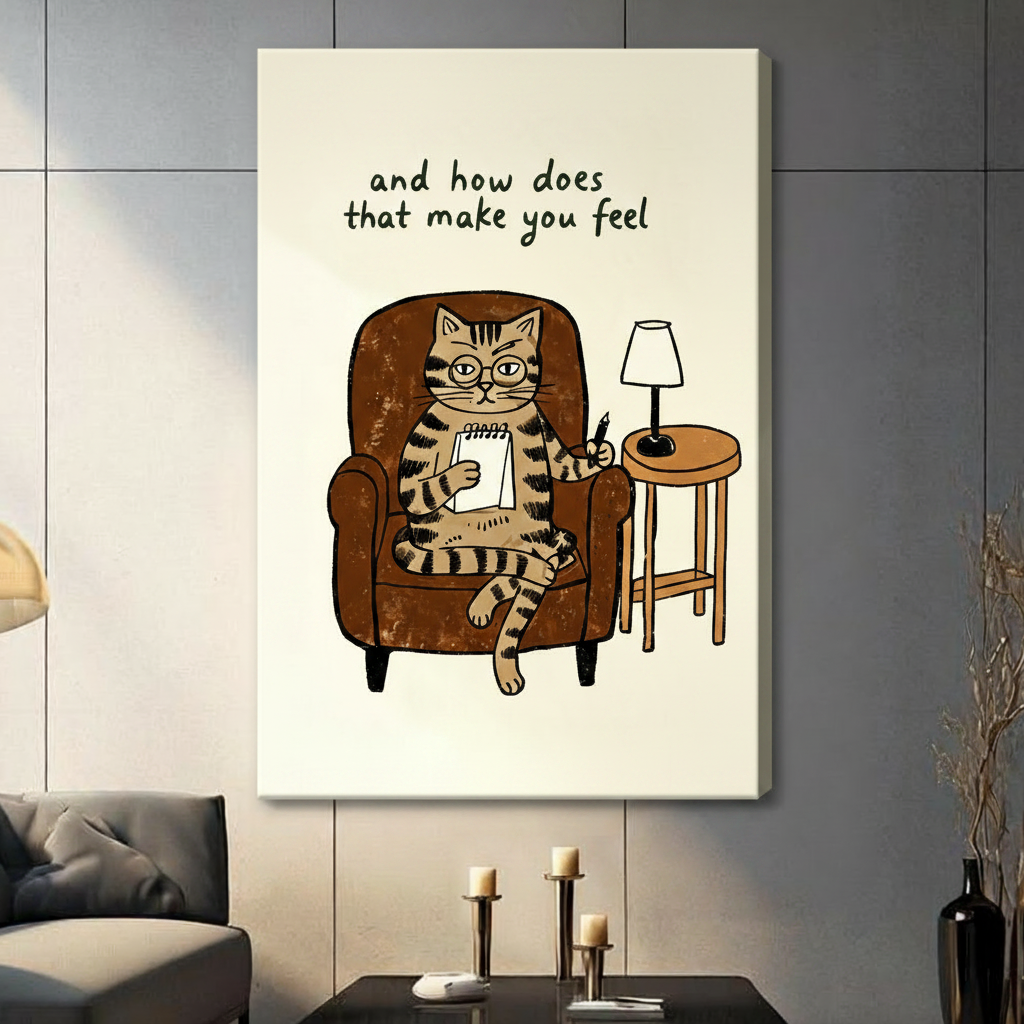 Gallery wrap canvas of humorous tabby cat therapist with glasses and notepad, displayed on grey wall in contemporary living space