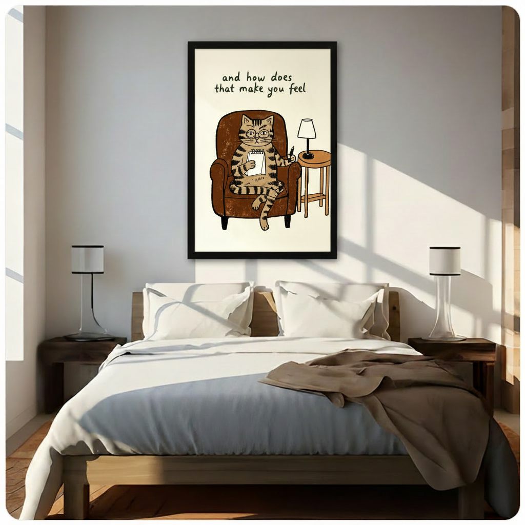 Framed therapist cat wall art with humorous quote above bed in sunlit bedroom, funny cat print for bedroom or guest room decor