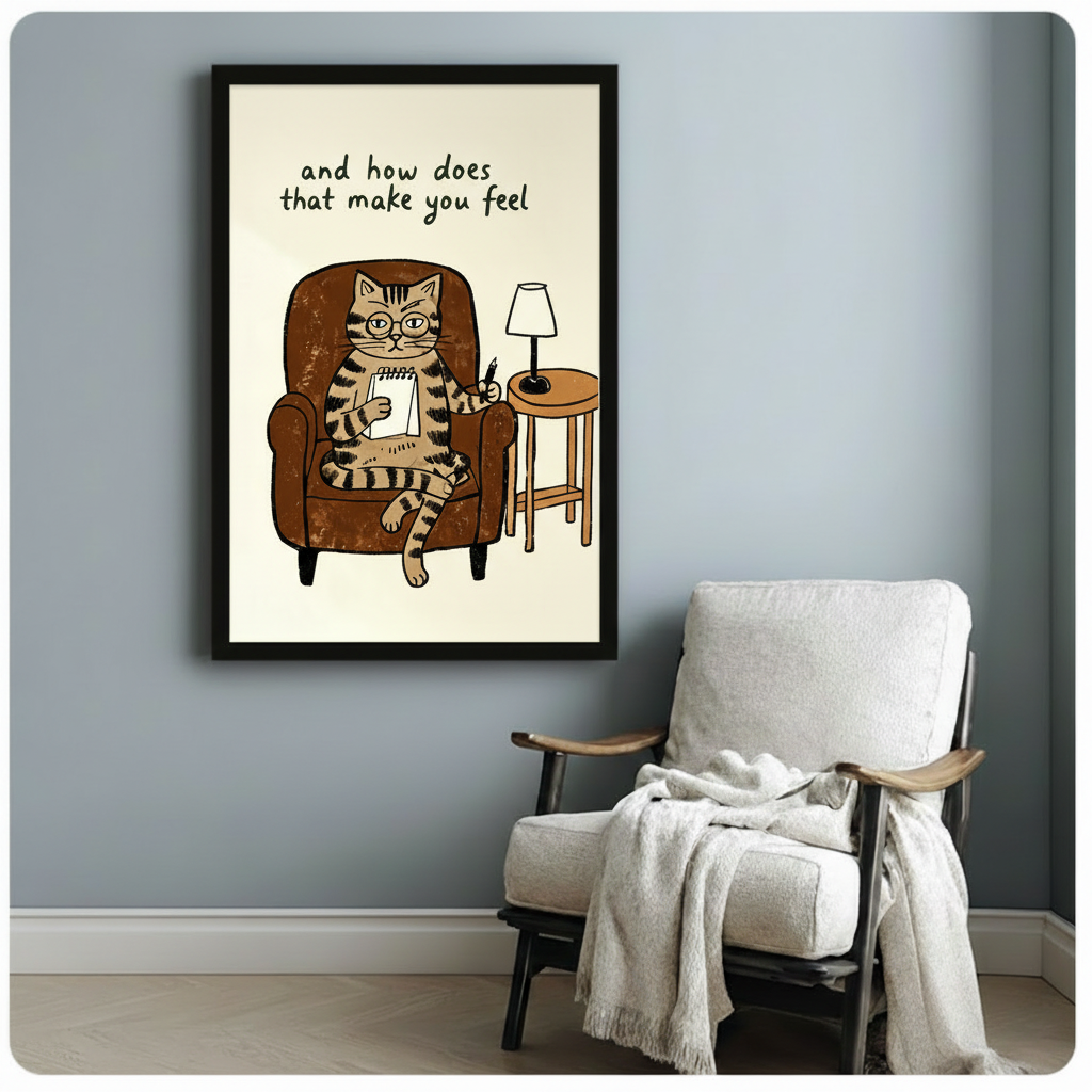 Black framed therapist cat art print on blue-grey wall next to white linen armchair, witty cat quote wall decor for living room