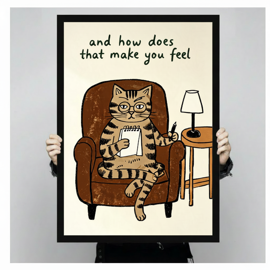 Person holding large framed funny cat therapist print, showing full illustration detail of tabby cat with glasses, notepad and pen