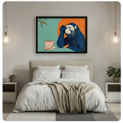 Black framed wall art of a thinking chimpanzee with a coffee cup and vibrant orange sun, styled above a bed in a minimalist bedroom interior