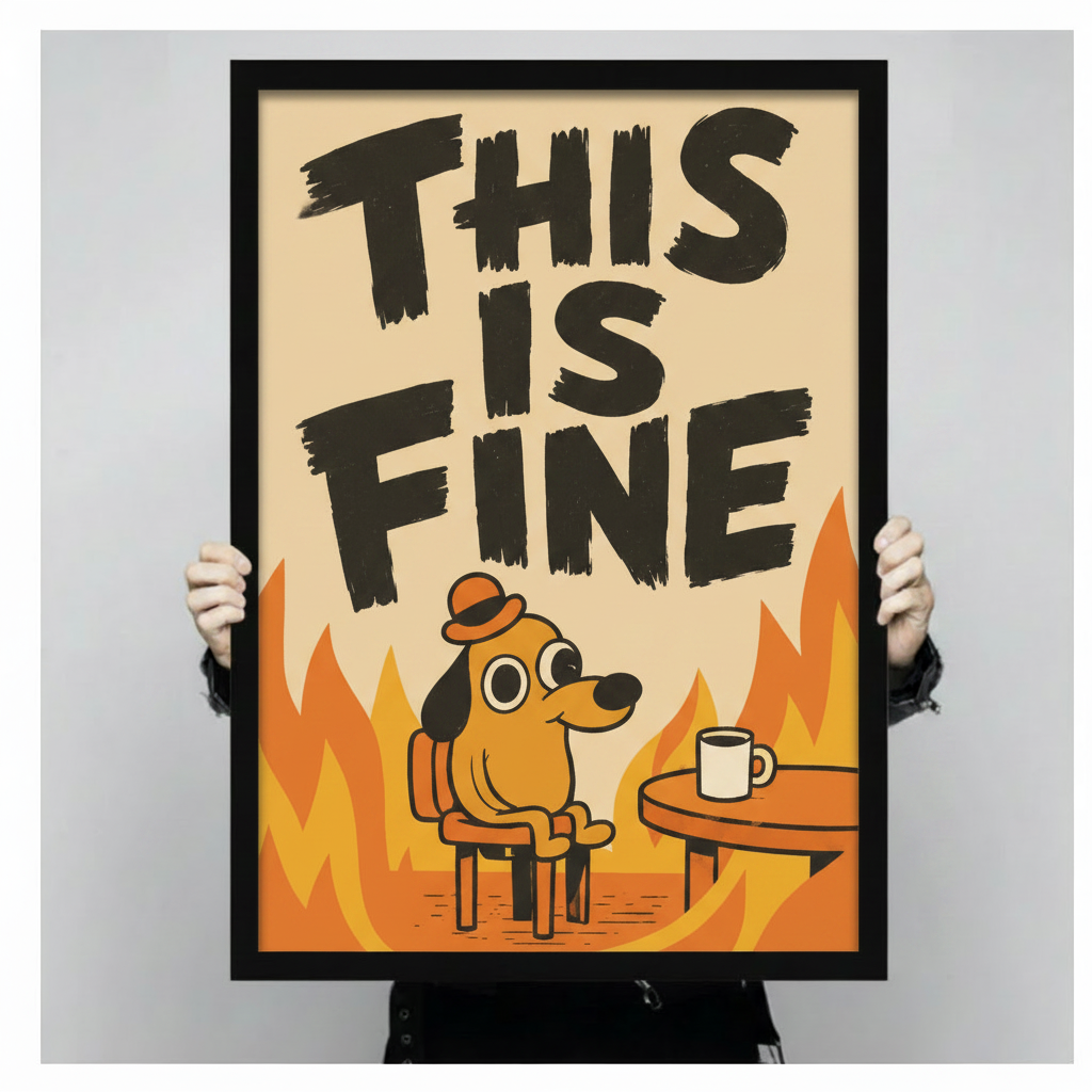 This Is Fine meme dog canvas print hand-held display — premium framed funny dog wall art ready to hang