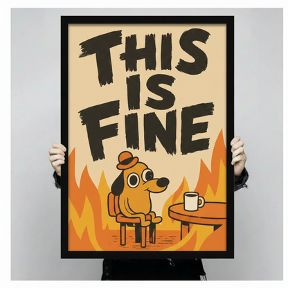 This Is Fine meme dog canvas print hand-held display — premium framed funny dog wall art ready to hang