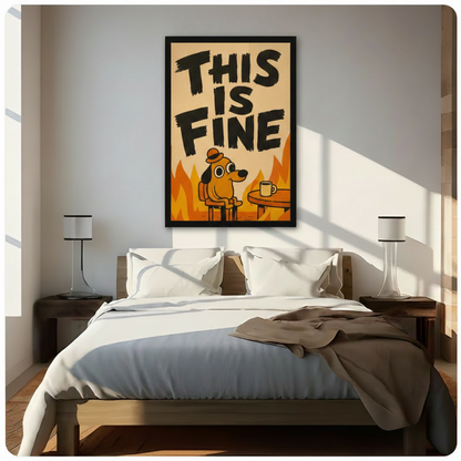This Is Fine dog framed canvas print above light gray sofa — humorous meme wall art for contemporary home decor