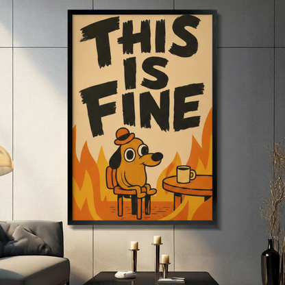 This Is Fine meme dog framed canvas above dark sofa in modern American living room — bold funny wall art statement piece