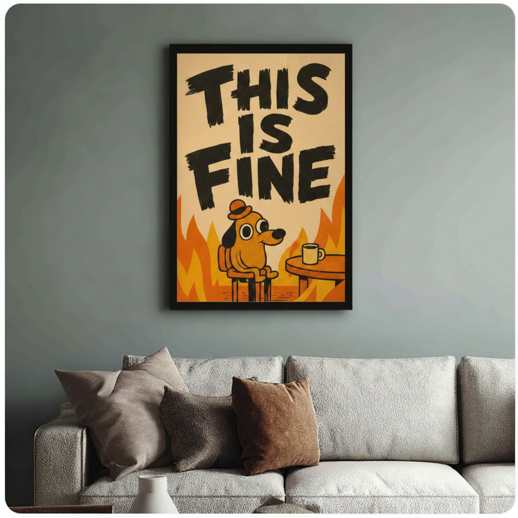 his Is Fine dog framed canvas print above light gray sofa — humorous meme wall art for contemporary home decor