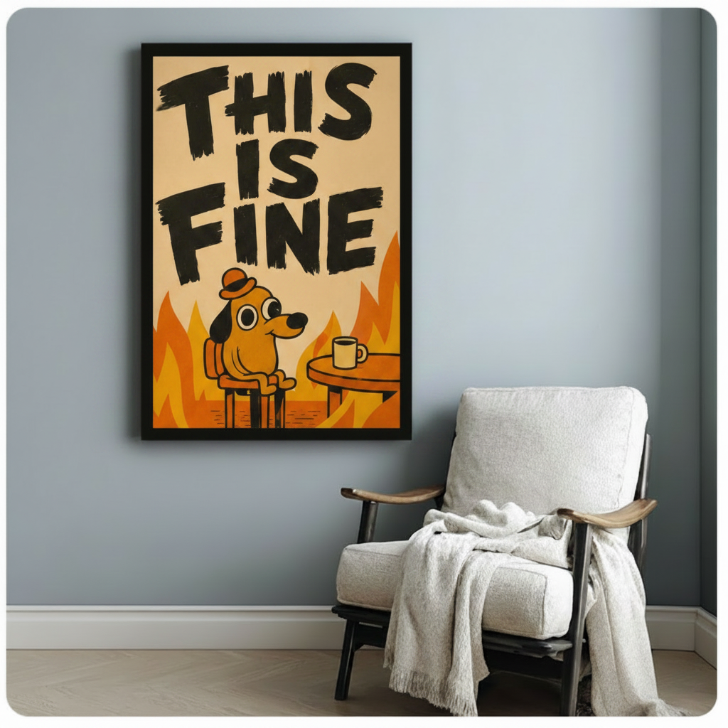This Is Fine dog framed canvas print above light gray sofa — humorous meme wall art for contemporary home decor