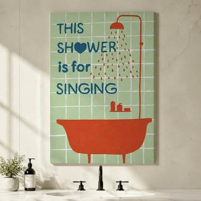  Canvas bathroom wall art with vintage orange clawfoot tub shower illustration and playful blue typography saying This Shower Is For Singing on a retro mint tile print