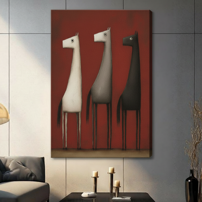 Canvas wrap print of three minimalist abstract horses on rich red background, shown without frame in a contemporary living room setting