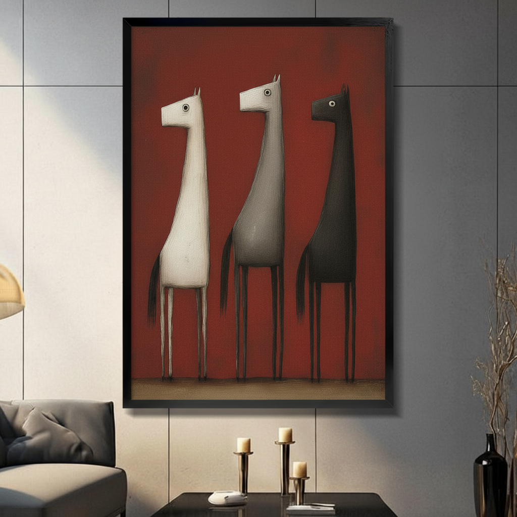 Framed wall art print featuring three stylized abstract horses in white, grey and dark tones on a deep red background, displayed in a modern dark living room