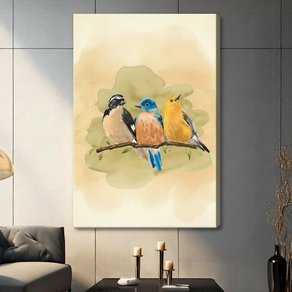 Delicate watercolor illustration of three colorful songbirds sitting side by side on a slender twig with a black-capped chickadee on the left a bright blue and orange eastern bluebird in the center and a sunny golden yellow finch with soft gray wings on the right all painted in loose fluid watercolor style with blended warm amber and sage green washes forming a soft cloud-like background with small leaf details botanical nature bird wall art stretched canvas print hanging in a contemporary living room with 