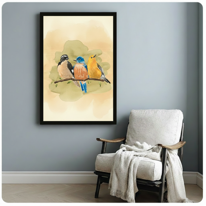 Gentle watercolor art print of three wild birds perched on a branch the leftmost a black and white chickadee with a bold dark head and warm beige underside the center bird a striking eastern bluebird with cobalt blue plumage and orange-red breast the right bird a bright lemon yellow goldfinch or warbler with dark gray wing tips all rendered in a loose impressionistic watercolor style over soft warm cream amber and sage green watercolor background washes with tiny leaf sprigs cottagecore botanical bird art f