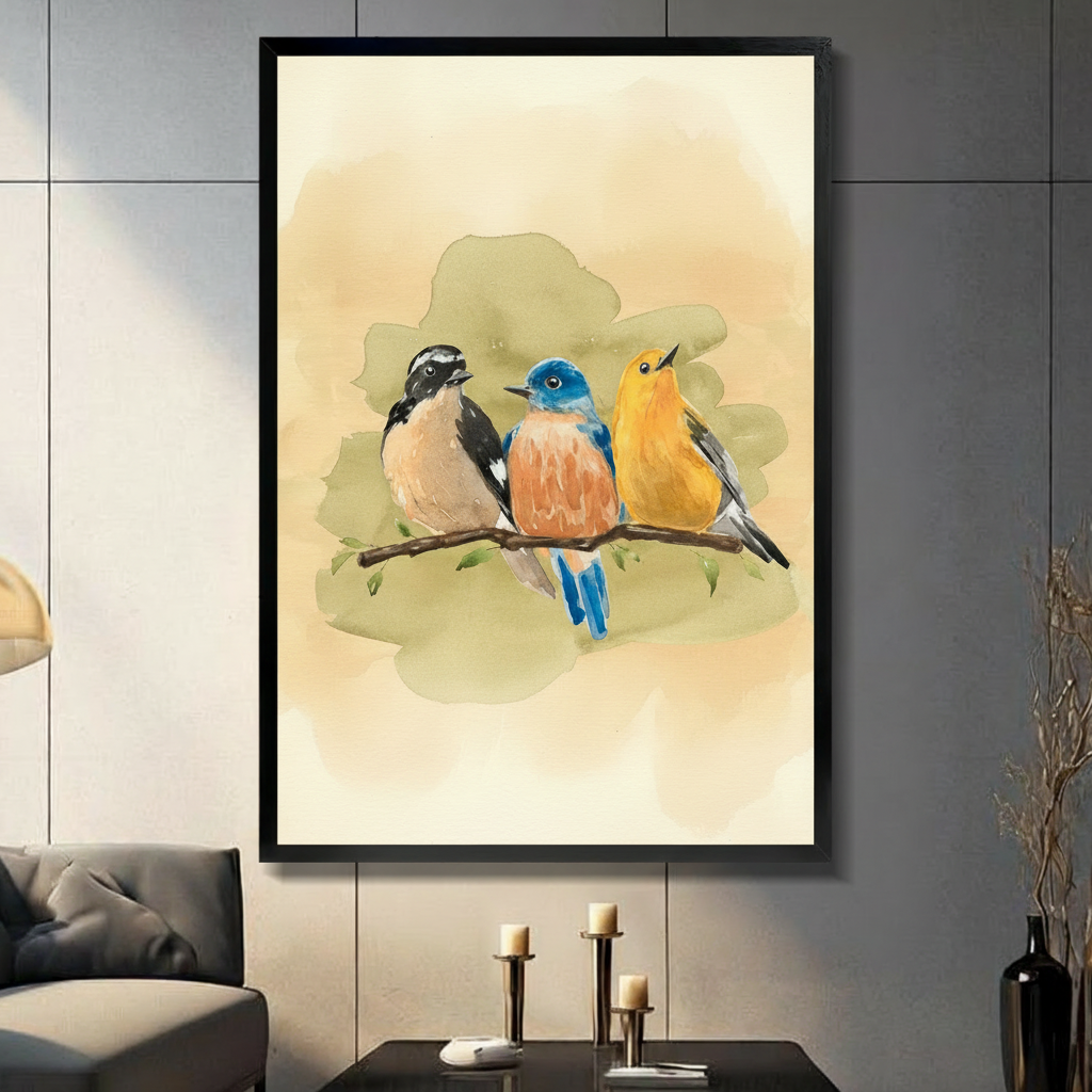 Soft watercolor painting of three birds perched together on a thin branch featuring a black and white chickadee with a dark cap white cheek patch and warm buff belly on the left a vivid eastern bluebird with a bright blue head wings and tail and a rich orange-red breast in the center and a golden yellow warbler or goldfinch with gray wing accents on the right set against a warm cream and soft olive green watercolor wash background with small green leaves nature bird trio art framed print displayed in a livi