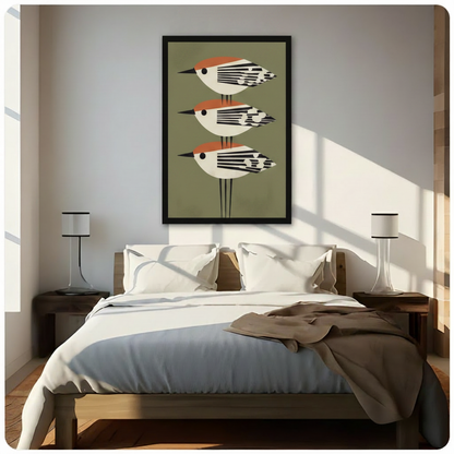 Framed mid-century modern three-bird wall art hung above a wooden bed in a sunlit bedroom with white bedding