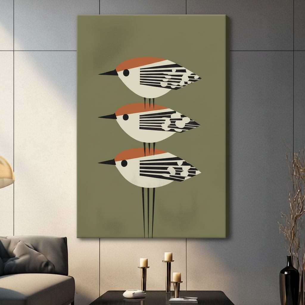 Unframed canvas print of three mid-century modern style birds with striped wings stacked vertically on an olive green background
