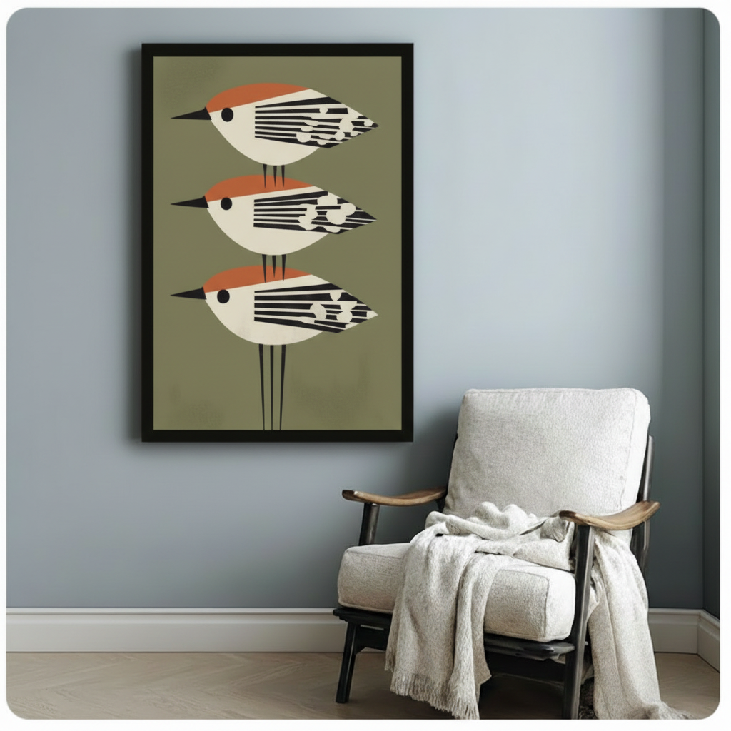 Framed geometric bird poster with olive green background displayed beside a linen armchair on a light blue-grey wall