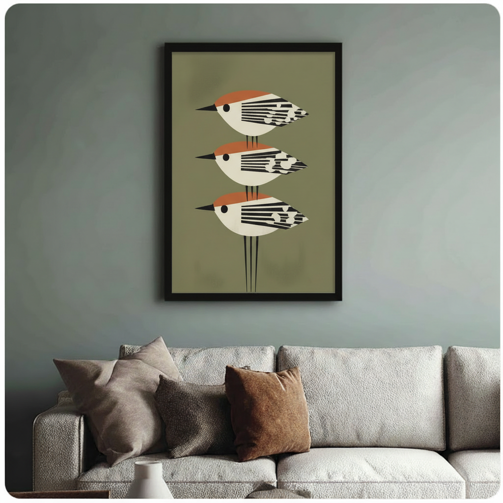 Framed mid-century modern bird art print hung above a cream sofa in a blue-grey living room, featuring three stacked geometric birds