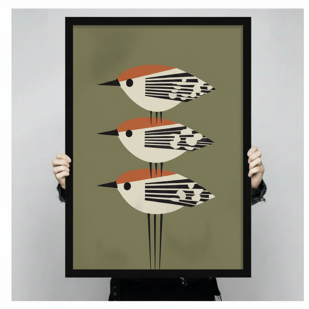 Hand-held framed canvas showing three stacked geometric birds with orange caps and black striped wings on an olive green background