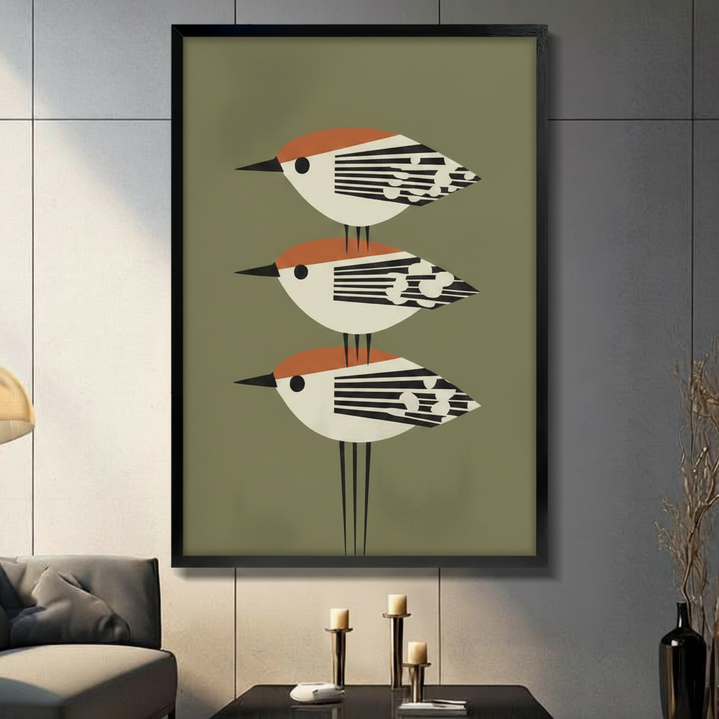 Framed canvas wall art featuring three stacked geometric birds with orange crowns on an olive green background, displayed in a moody dark living room