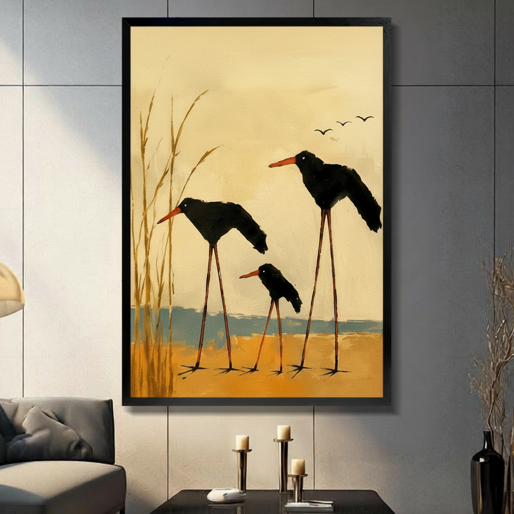 Framed canvas wall art of three black oystercatcher birds with orange beaks standing in golden wetland reeds, oil painting style, displayed in dark modern living room with candlesticks