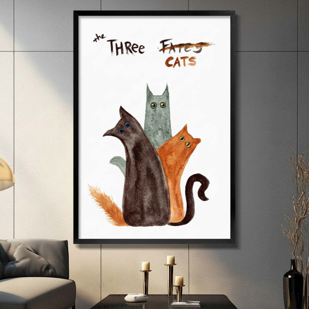 Black framed whimsical The Three Cats watercolor canvas art with a dark brown cat a tall teal-gray cat and a rust orange cat grouped together with wide expressive eyes and bold hand-lettered The Three Fates crossed out Cats title on a clean white background, hung on a dark gray panel wall above a gray sofa