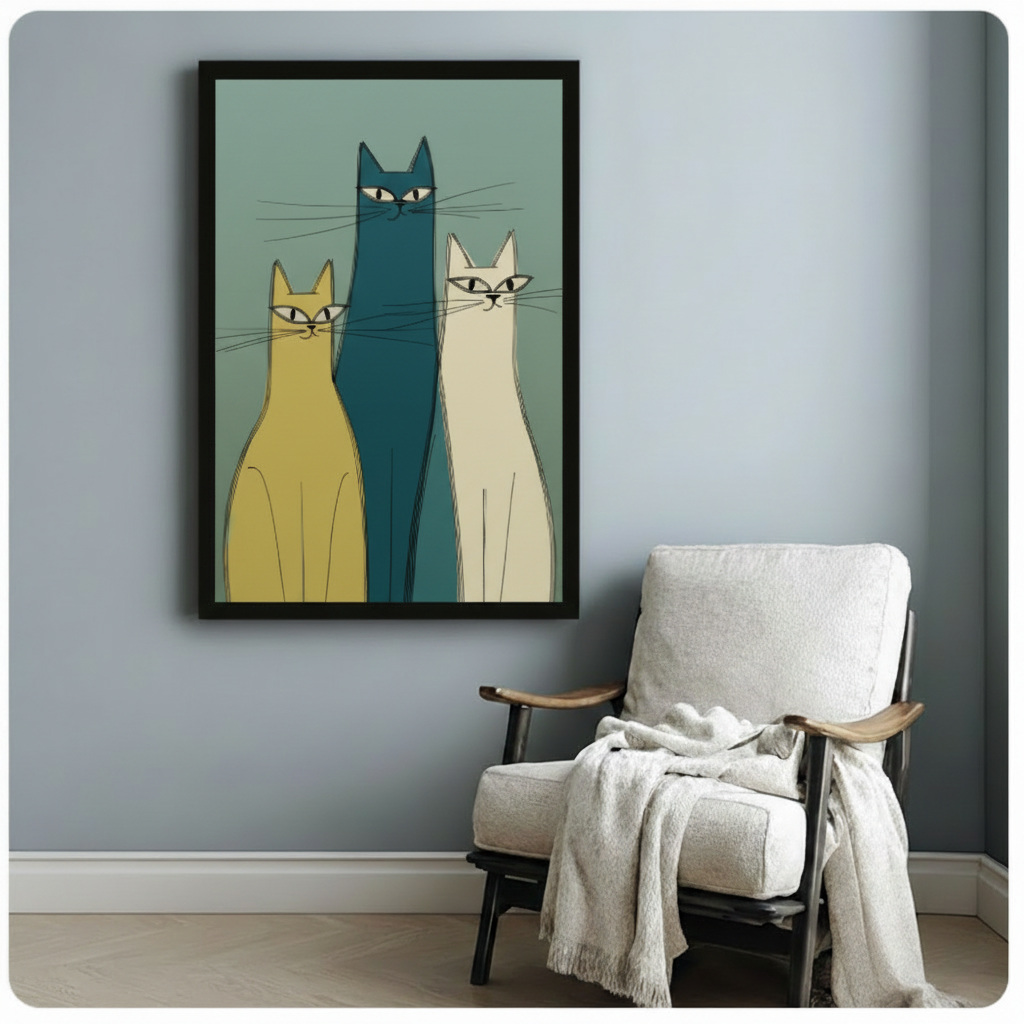 Vertical framed canvas of three abstract mid-century cats in mustard, teal, and cream tones, hung on a blue-grey wall beside a linen accent chair with a draped throw