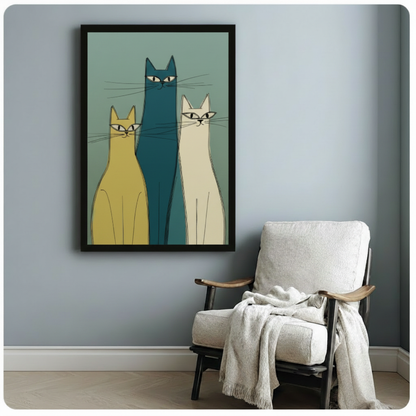Vertical framed canvas of three abstract mid-century cats in mustard, teal, and cream tones, hung on a blue-grey wall beside a linen accent chair with a draped throw