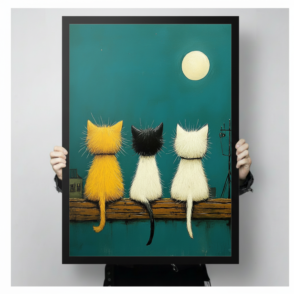 Close-up hand-held view of a framed canvas art print featuring three cats in yellow black and white sitting on a wooden fence at night