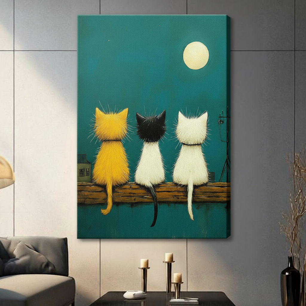 Unframed canvas print of yellow black and white cats gazing at the moon, hung in a contemporary dark-toned living room