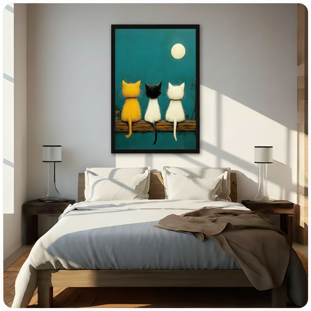 Framed teal moonlight cat canvas art hung above a wooden bed in a bright Scandinavian-style bedroom