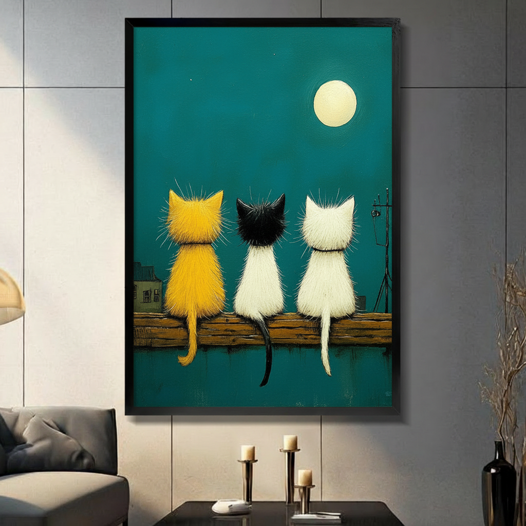 Framed canvas wall art featuring three fluffy cats sitting on a fence under the moonlight, displayed in a modern living room
