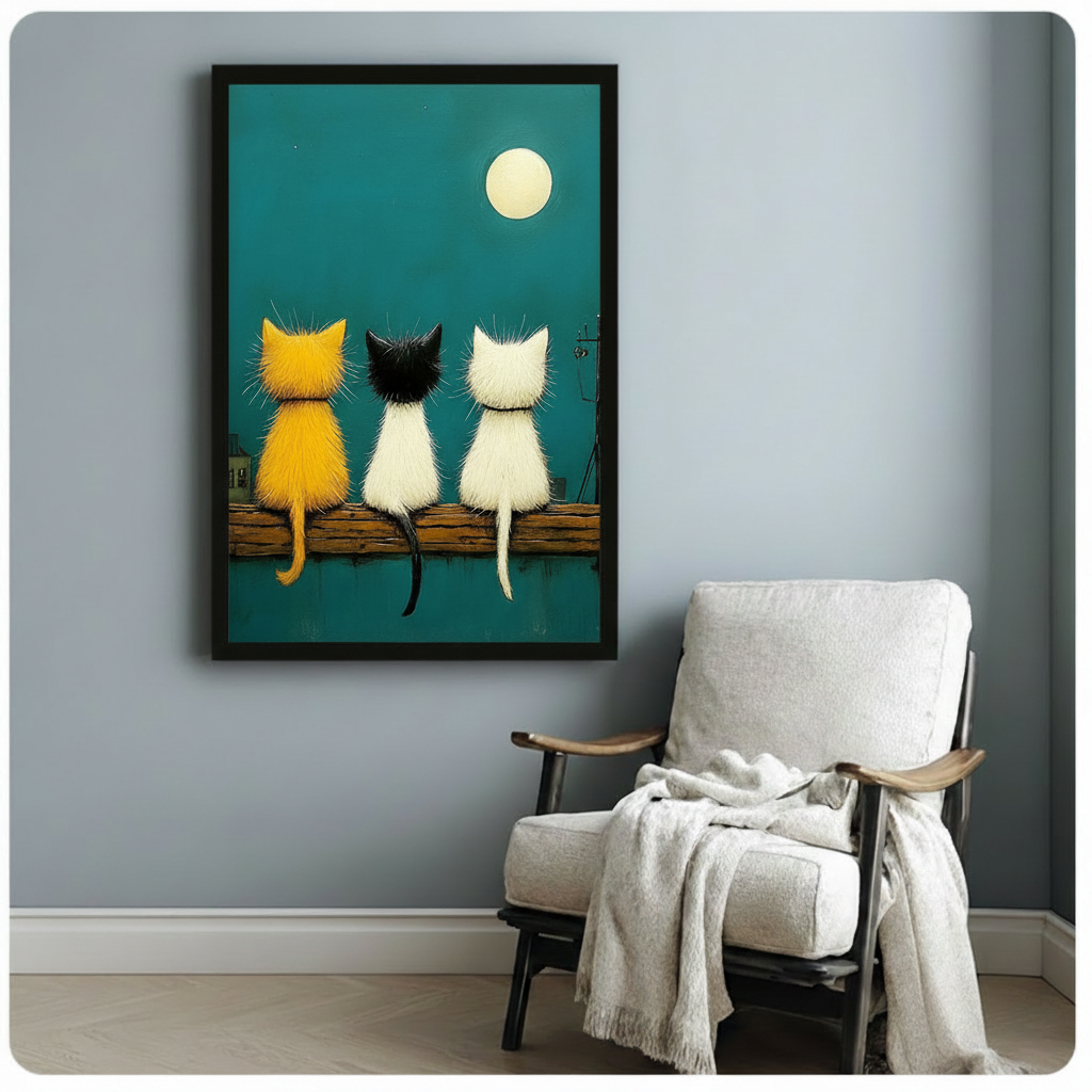 Framed cat wall art print showing three fluffy cats under a full moon, displayed beside a white armchair in a minimalist room