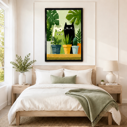 Cute cat and plant illustration framed canvas art hung above a neutral linen bed in a minimalist Scandinavian bedroom with warm wood nightstands and sage green accents