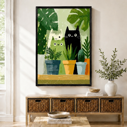Cute cartoon three cats among colorful potted plants framed canvas wall art hung above a rattan console table in a bright Scandinavian living room