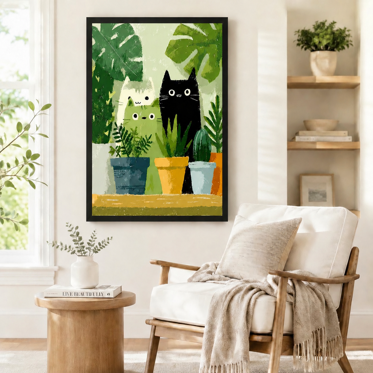 Playful three cats and houseplants framed wall art in black frame styled beside a linen armchair in a bright Scandinavian reading nook with open shelving